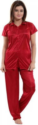 MARDIA Women Solid Red Shirt & Pyjama set