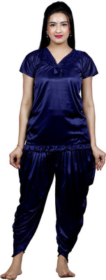 AGGARWAL Women Solid Dark Blue Night Suit Set