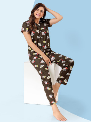 capasino Women Printed Brown Shirt & Pyjama set