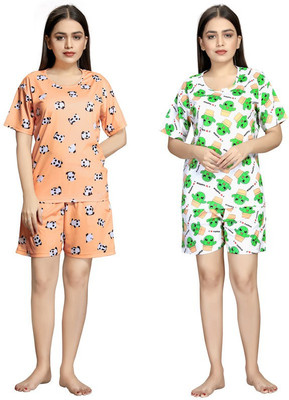 ANFAFAB Women Printed Multicolor Top & Shorts Set