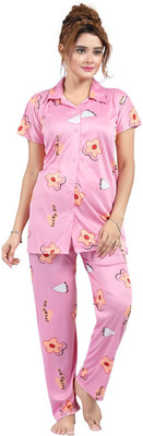 h r creation Women Printed Pink Shirt & Pyjama set