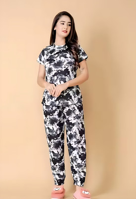 Mertens Women Printed Black Night Suit Set