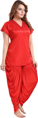 HouseOfCommon Women Solid Red Night Suit Set