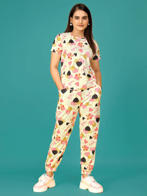 DreamBe Women Printed Pink, White Top & Pyjama Set