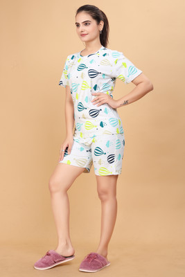 WHITDUCK Girls Printed White Top & Shorts Set