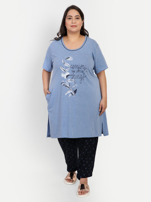CUPID Women Printed Light Blue, Black Shirt & Pyjama set