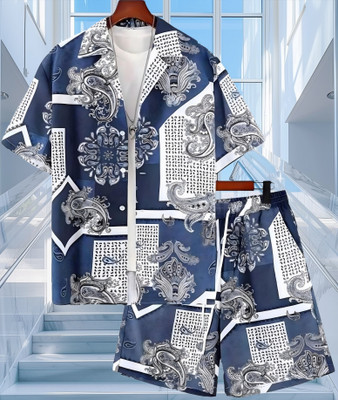 THEBROSSCO Men Printed Blue Top & Shorts Set