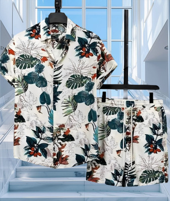 THEBROSSCO Men Printed Light Green Top & Shorts Set
