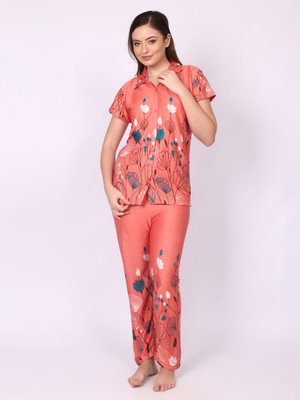 Nightify Women Floral Print Orange Shirt & Pyjama set