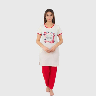 Dartline Women Printed White Top & Pyjama Set