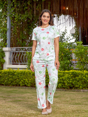 SPGR Women Floral Print Light Green, White Night Suit Set