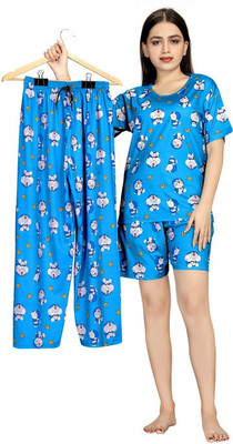 Exitro Women Printed Blue Night Suit Set
