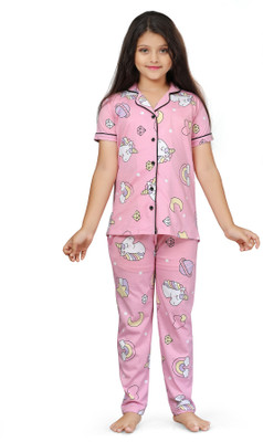 Bloem Kids Nightwear Girls Printed Cotton(Pink Pack of 1)