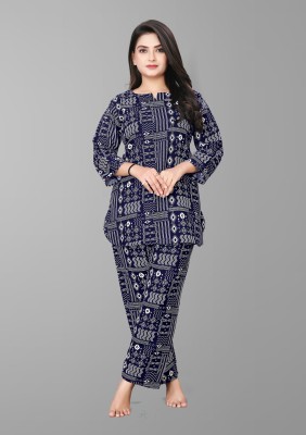 Biyoko Women Abstract Blue Top & Pyjama Set