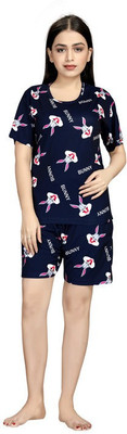 ANFAFAB Women Printed Dark Blue Top & Shorts Set