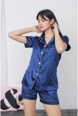 VCD FASHION HUB Women Solid Dark Blue Night Suit Set