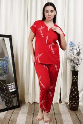 ALLEN WEAVE Women Animal Print Red Top & Pyjama Set