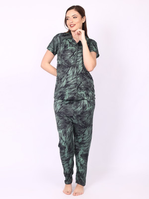 Nightify Women Self Design Green Shirt & Pyjama set