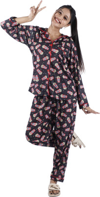ATHNICX Women Printed Black Shirt & Pyjama set