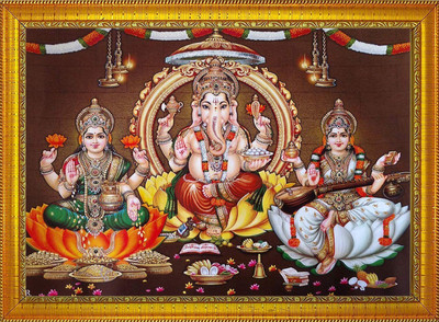 Diha Creation LAXMI JI GANESH JI SARASWATI JI WITH GOLDEN FRAME FOR DIWALI POOJAN Religious Frame