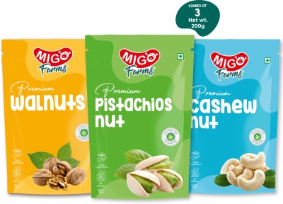 MIGO FARMS Pack of 3 Premium Dry Fruits Walnuts, Pistachios, Cashews(3 x 200 g)