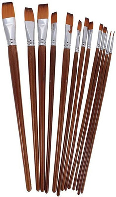 Like it 13 Pc Flat Synthetic Hair Long Handle Painting Brush for Acrylic/ WC/Gouache/Oil(Set of 13, Brown)