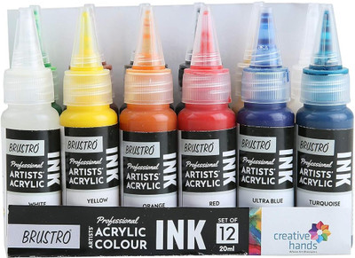 BRuSTRO PROFESSIONAL ARTISTS' ACRYLIC COLOUR INK 12 SHADES X 20 ML EACH(Set of 1, MULTICOLOR ( INCLUDES TWO SPECIAL SHADES :- METALLIC GOLD & IRIDESCENT ))
