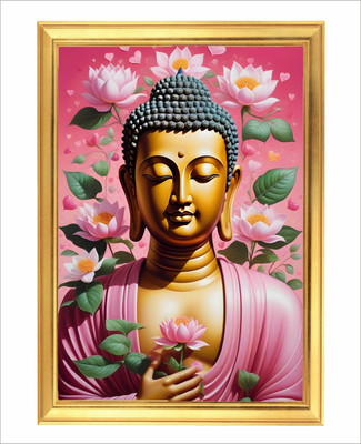 Devatwal Lord Gautam Buddha / Lord Buddha Golden Photo Frame For Wall Mounted Painting Digital Reprint 8 inch x 12 inch Painting(With Frame)