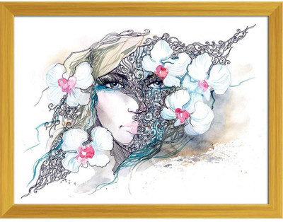 Artzfolio Woman With Orchids Canvas Painting Golden Synthetic Frame 15.9x12inch (40x30cms) Canvas 12 inch x 15.9 inch Painting(With Frame)