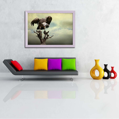 Artzfolio Golden Eagle On A Tree With Opened Wings Canvas Painting White Frame 19.4x14inch Canvas 14 inch x 19.4 inch Painting(With Frame)