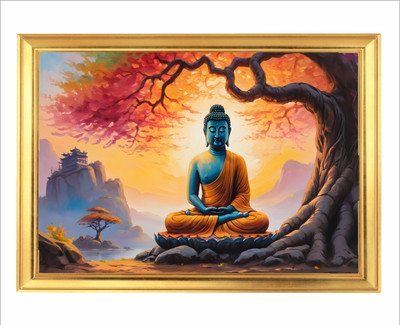 Devatwal Lord Gautam Buddha / Lord Buddha Golden Photo Frame For Wall Mounted Painting Digital Reprint 8 inch x 12 inch Painting(With Frame)