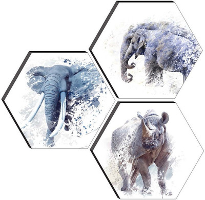 saf Set of 3 Hexagon Elephant animal UV Textured Painting Pack of 3(Multicolor)