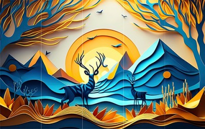 KUBE Blue Deer Art Wall Painting Set of 5 | Ideal For Home & Office Digital Reprint 30 inch x 48 inch Painting(Without Frame)