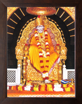 Artcoin Shree Sai Baba Sitting on a Throne and giving blessing Painting Frame. Digital Reprint 9 inch x 7 inch Painting(With Frame)