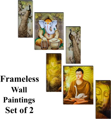 Indianara Combo - Set of 3 Lord Ganesha & Gautam Buddha Self Adhesive Paintings Digital Reprint 18 inch x 12 inch Painting(Without Frame, Pack of 6)