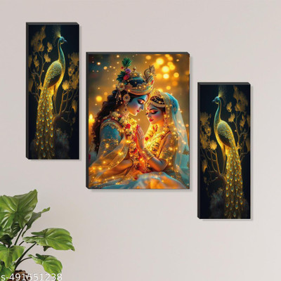 SNDArt Set of 3 Radha Krishna Modern Art Wall Paintings For Living Room Digital Reprint 11.9 inch x 18 inch Painting(Without Frame, Pack of 3)