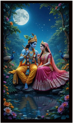 Dekozi DEKOZI Radha Krishna Moonlight Photo Frame – Divine Love Wall Art Digital Reprint 18 inch x 24 inch Painting(With Frame)
