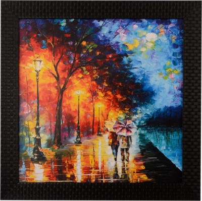 eCraftIndia Love Couple Under Umbrella Satin Matt Texture UV Canvas 12 inch x 12 inch Painting(With Frame)