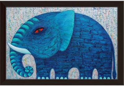 Artzfolio Blue Elephant Canvas Painting Dark Brown Synthetic Frame 24.1x16inch (61x41cms) Canvas 16 inch x 24.1 inch Painting(With Frame)