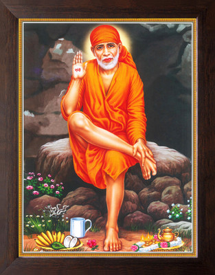 Artcoin Shree Sai Baba Sitting on a Rock, Religious Painting Frame for Home & Temple. Digital Reprint 9 inch x 7 inch Painting(With Frame)