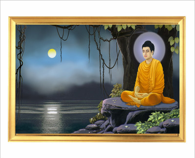 Devatwal Lord Gautam Buddha / Lord Buddha Golden Photo Frame For Wall Mounted Painting Digital Reprint 8 inch x 12 inch Painting(With Frame)