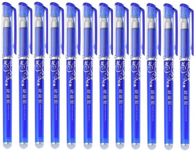 Craftacious 12 Pcs Blue Ink Erasable Gel Pen Set w/ attached Magic Wipe Eraser (0.35mm Nib) Gel Pen(Pack of 12, Ink Color - Blue)