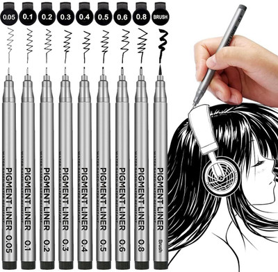 Craftacious Pigma Micron 9pc Fineliner pen Black Archival Ink Artist Drawing Sketch pens Fineliner Pen(Pack of 9, Ink Color - Black)