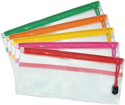 FIDELITY Neon Color Zip lock bag Transparent Waterproof with 2 Compartment, school supply Transparent Art Plastic Pencil Boxes(Set of 6, Multicolor)