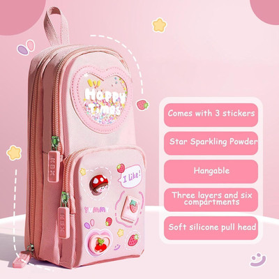 SARVOPARI Happy Time Pink Yummy 3 Compartment Aesthetic Multifunctional Pencil Pouch Art Canvas Pencil Box(Set of 1, Pink)