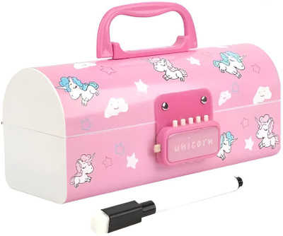 VELORA UNICON Suitcase Style Design Password Lock Cartoon Art Durable Plastic Construction Art Plastic Pencil Box(Set of 1, Pink)