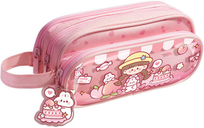 AR Jouiet Mansion 3 Pocket Soft and Stylish Stationary Large Pouch for Girls with Transparent Print Art Canvas Pencil Box(Set of 1, Pink)