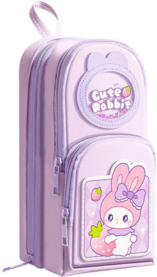 MOOZICO Cute Rabbit Print Large Capacity 6 Compartment Pen Pencil Pouch Case with Zipper Closure Students Stationery Box Art Canvas Pencil Box(Set of 1, Purple)