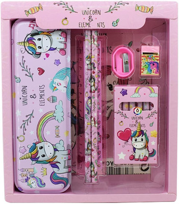 Aganta ST GIFT-SET 8015 unicorn Art Metal Pencil Box(Set of 12, Pink)