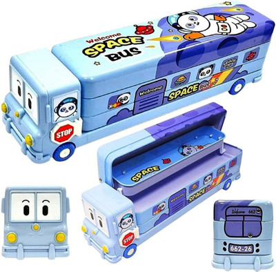 Mira Farmcraft Bus Pencil Geometry Box Stationery Moving Tyres & Sharpener School RANDOM DESIGN Bus Truck Art Metal Pencil Box(Set of 1, Blue, Dark Blue, Light Green, Multicolor)